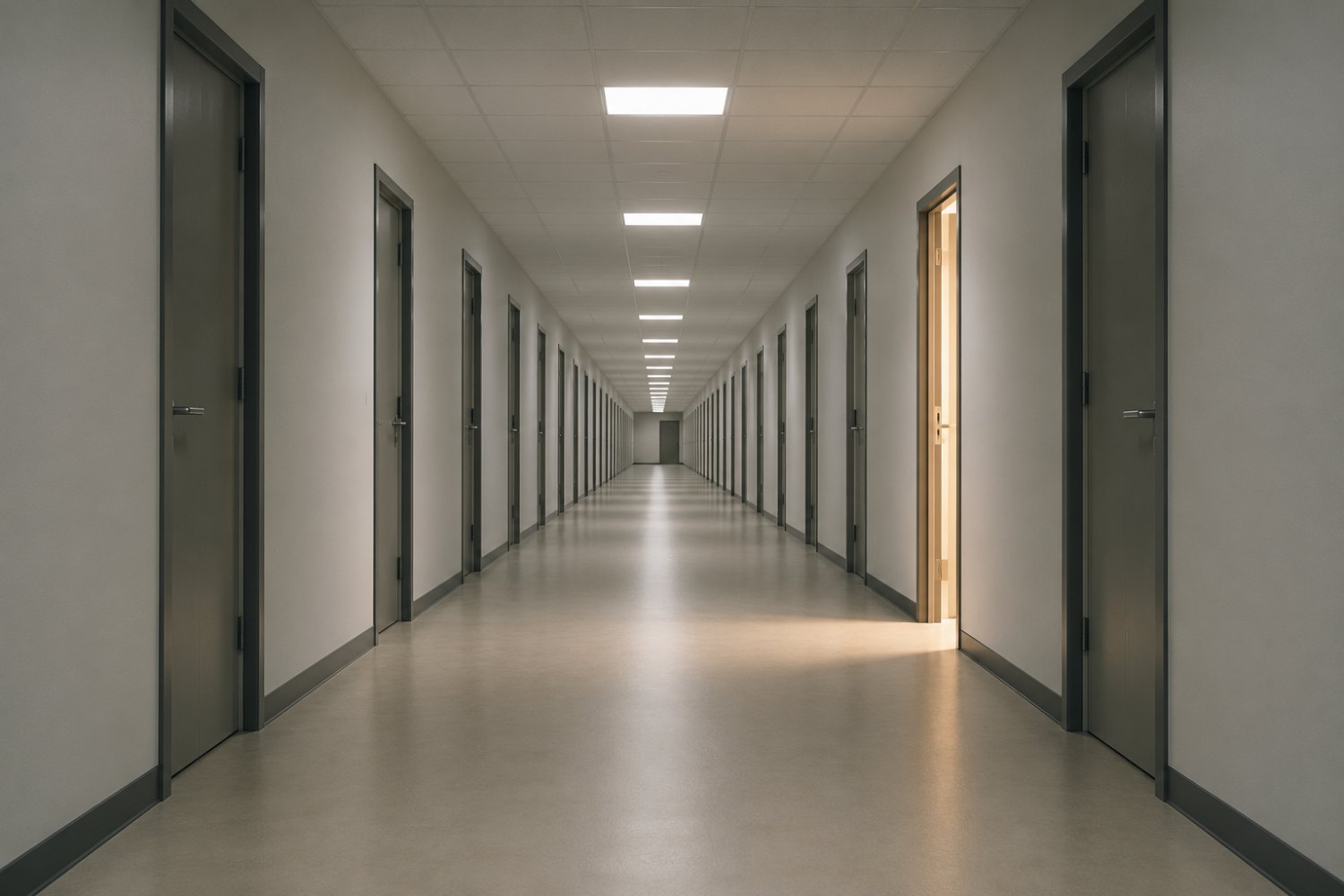 Formation hypnose et CPF - un couloir administratif bordé de portes fermées, une seule ouverte sur la lumière
