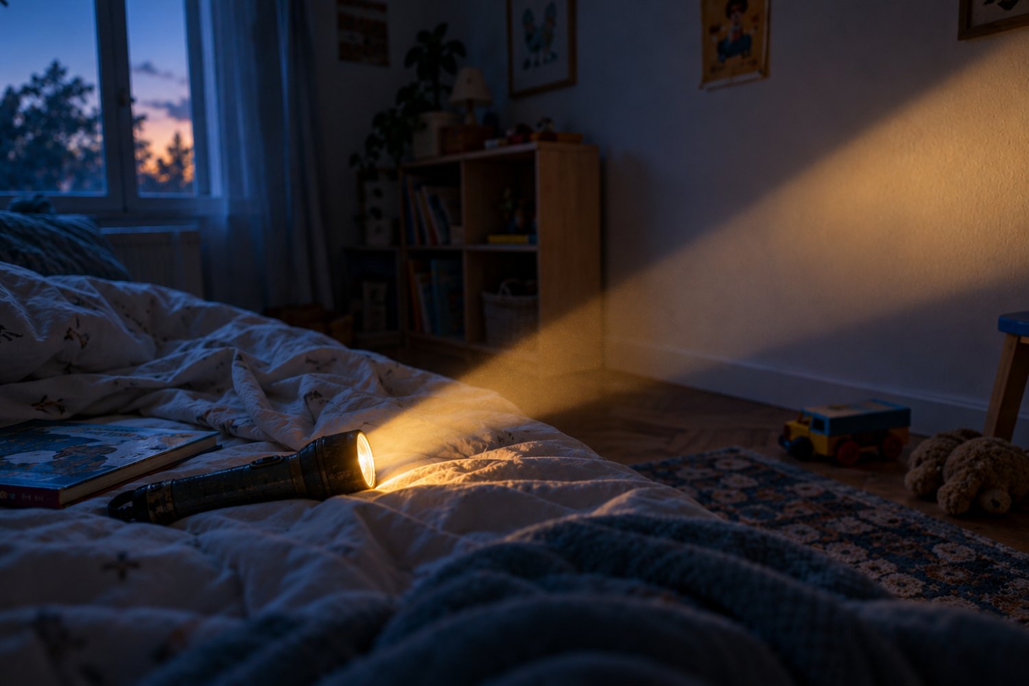 Lampe torche allumée posée sur un lit d’enfant, son faisceau éclairant le mur d’une chambre à la tombée du jour.