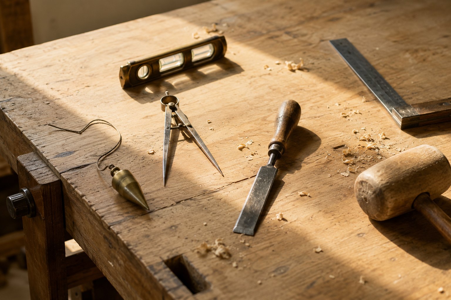 Établi de menuisier baigné de lumière, avec niveau, compas, fil à plomb, ciseau à bois, équerre et maillet - les instruments de mesure d'un travail bien fait.