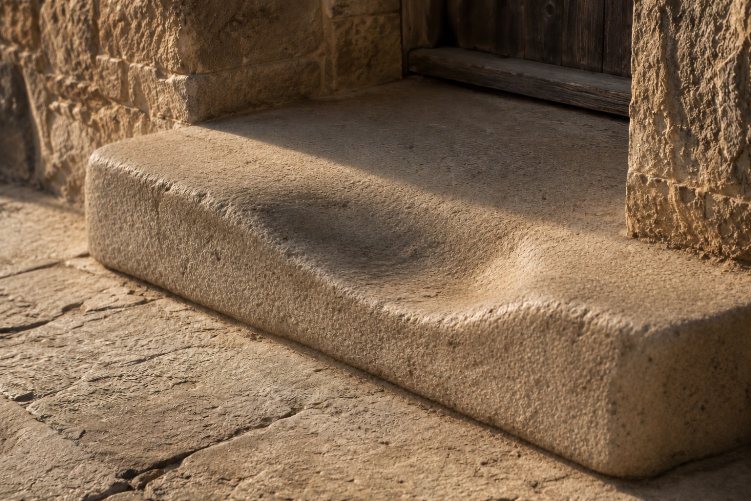 Le seuil de pierre d’un ancien portail, usé par le passage et traversé par la lumière du matin - métaphore du rituel comme passage.