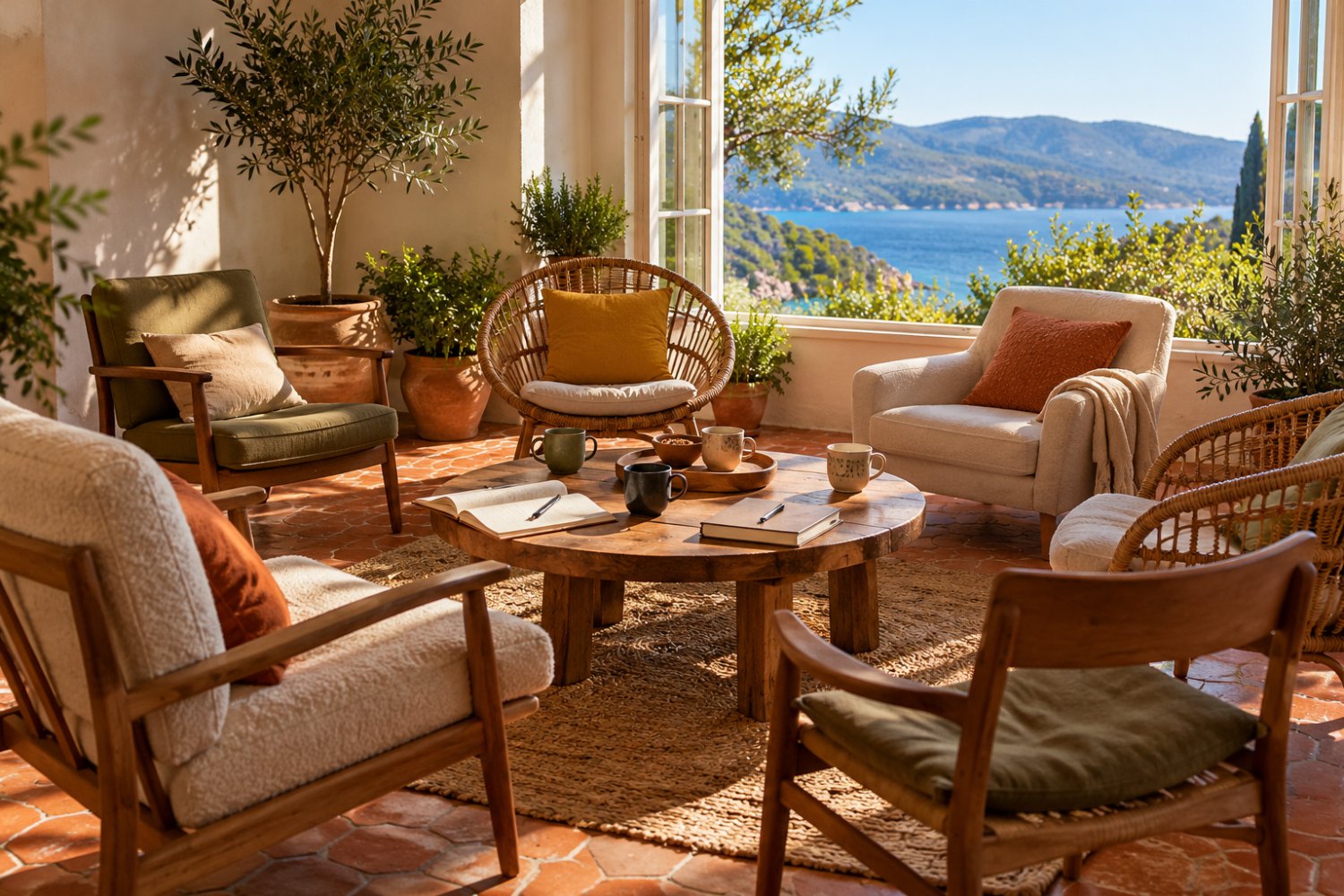 Salon lumineux d'un appartement avec vue sur la mer, fauteuils disposés en cercle pour une formation en hypnothérapie à Ajaccio