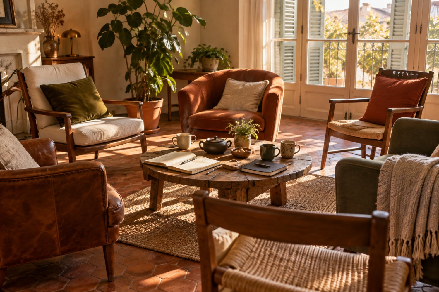 Salon lumineux d'un appartement à Puget-sur-Argens, fauteuils disposés en cercle pour une formation en hypnothérapie